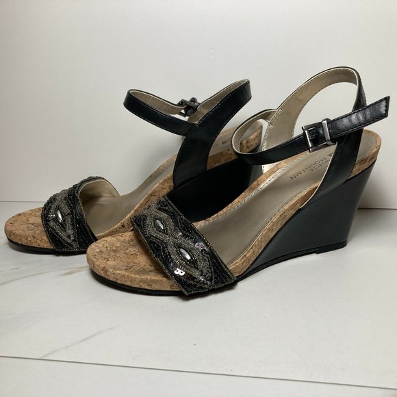 White Mountain Shoes - White Mountain Black Women's Shoes 7.5M Sandals Embellished Wedge Slip On Casual